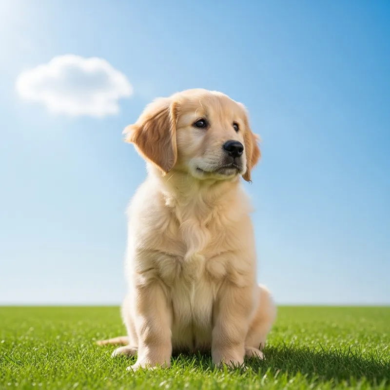 Adorable Fluffy Golden Retriever Puppy on Lush Green Lawn
