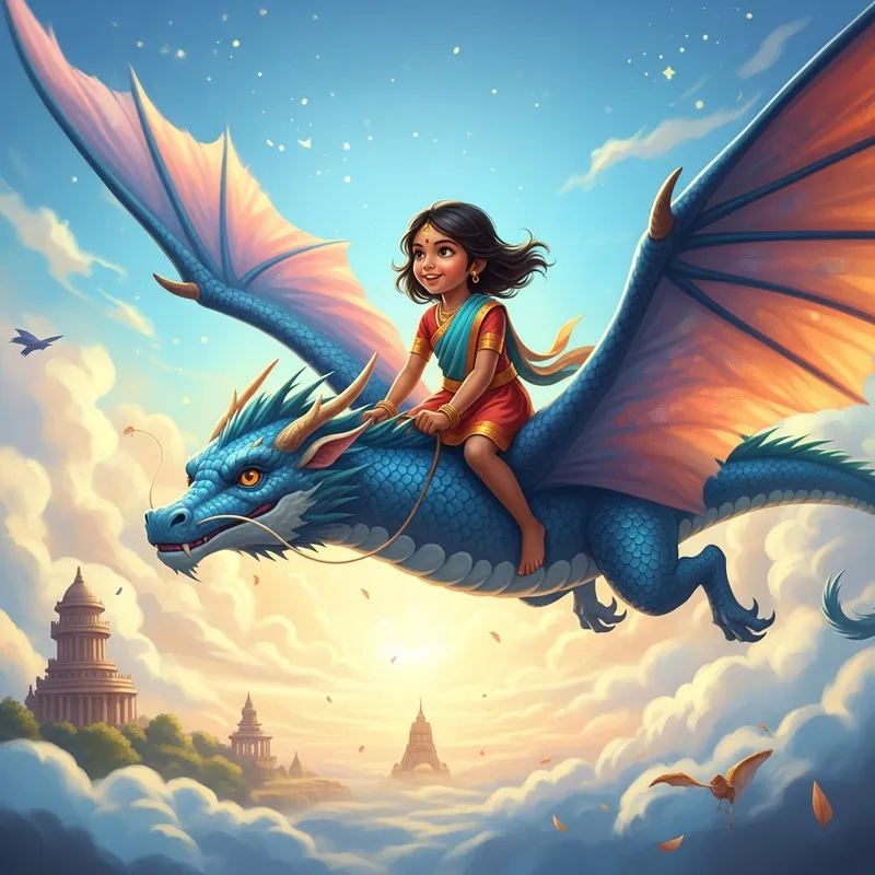 Whimsical Scene: Young Girl Soaring on Majestic Dragon