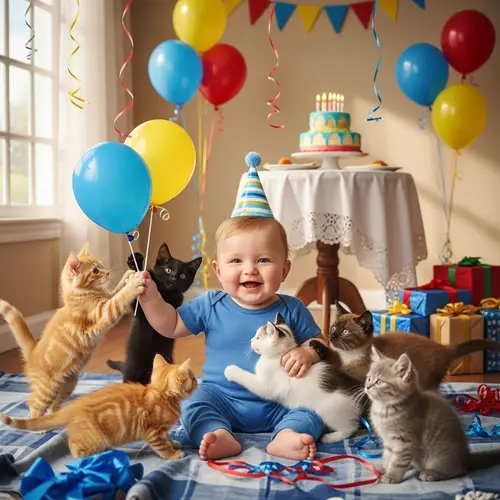 Adorable Baby Boy Celebrates 1st Birthday with Playful Kittens
