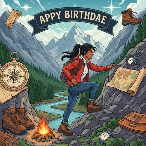 Adventure Birthday Card Image with South-Asian Woman Climbing Mountain
