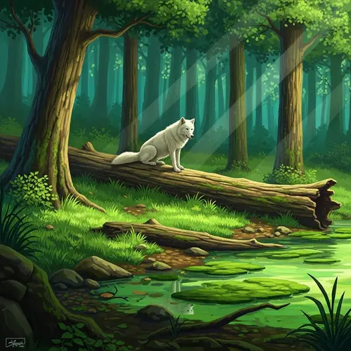 Tranquil Forest Scene with Majestic White Wolf
