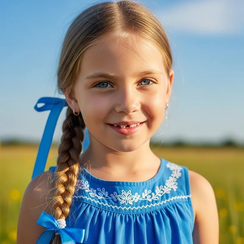 Russian Girl in Blue Sundress with Long Blonde Braid