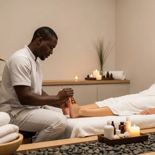 Tranquil Foot Massage: Black Male Masseuse Soothing Hispanic Client