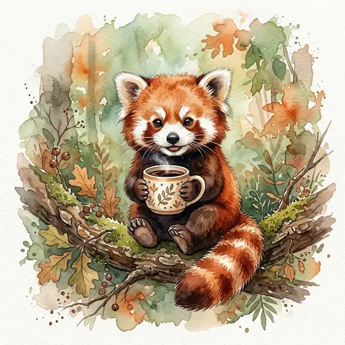 Adorable Tiny Red Panda with Coffee Mug