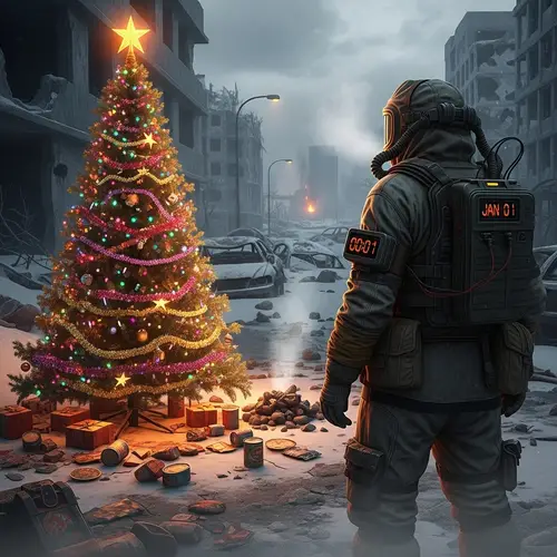 Post-Apocalyptic New Year with Stalker in Radiated Landscape