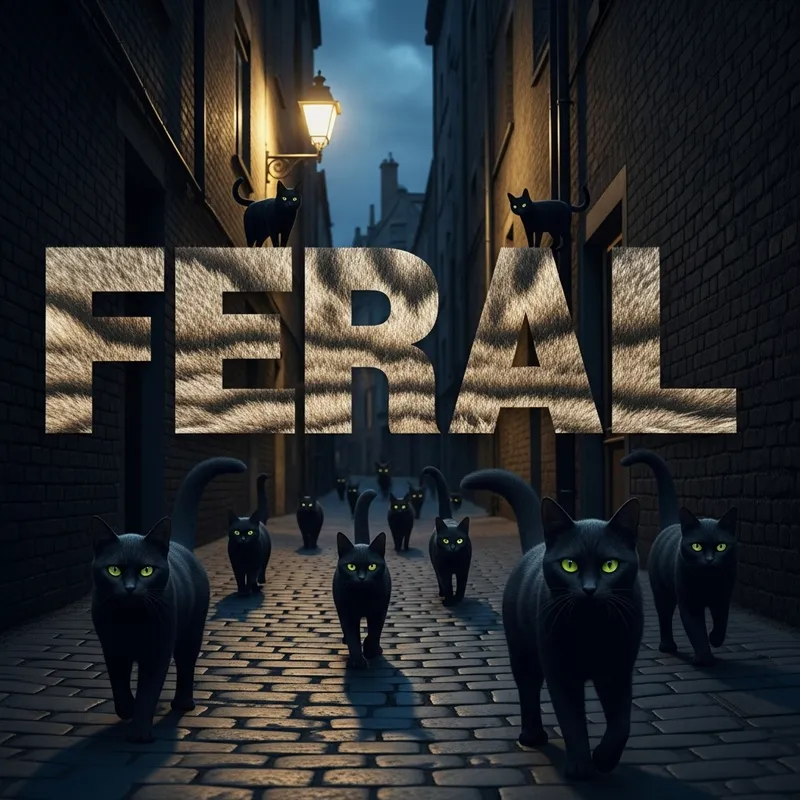 Feral Black Cats in Alleyway with Striped Fur