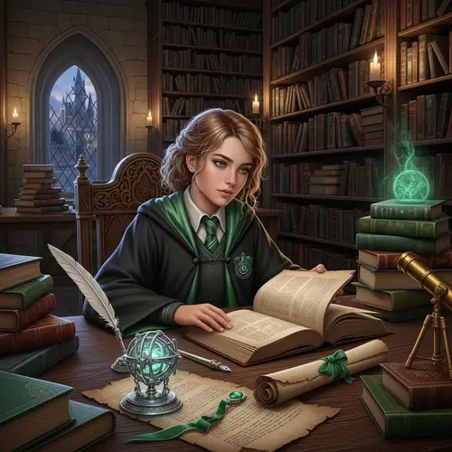 Slytherin Girl in House Robes at Castle Library