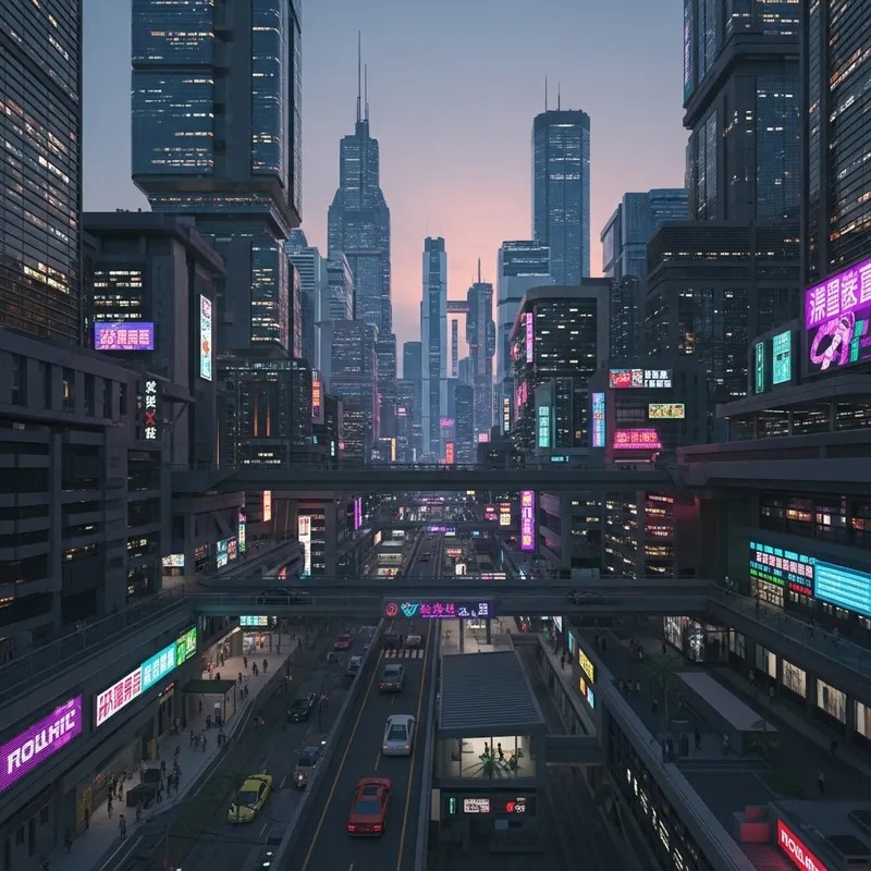 Vibrant Neon Cityscape at Sunset: Cyberpunk Street Scene