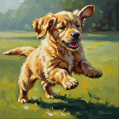 Playful Puppy Oil Painting Style