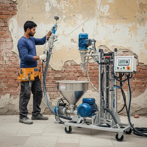 South Asian Male Worker Near Brick Wall with Mechanized Plastering Equipment
