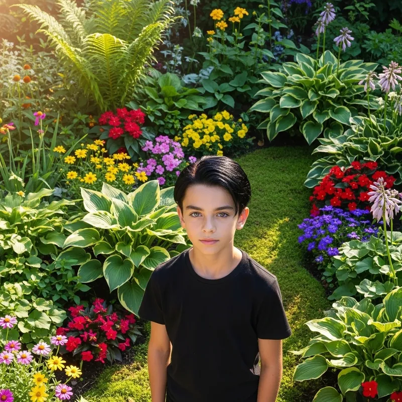 Boy with Beautiful Black Hair in Garden | Stylish Black T-shirt