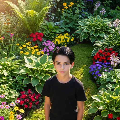 Caucasian Boy with Beautiful Black Hair in Lush Garden