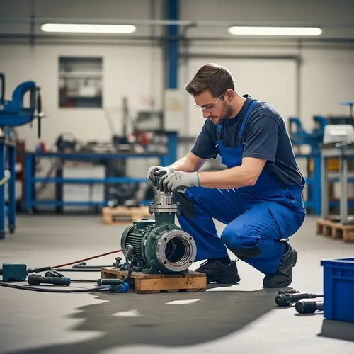 Expert 'Blaumann' Technician Handling Pump Machine in Industrial Setting