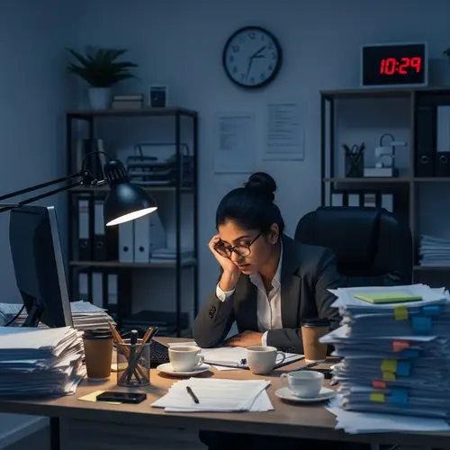 Overworked South Asian Female Secretary in Dimly Lit Office