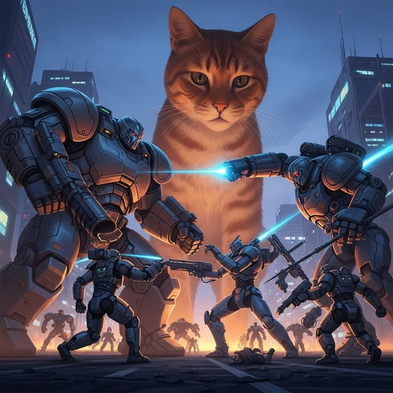 Robotic Giants Battle Massive Feline in Futuristic City