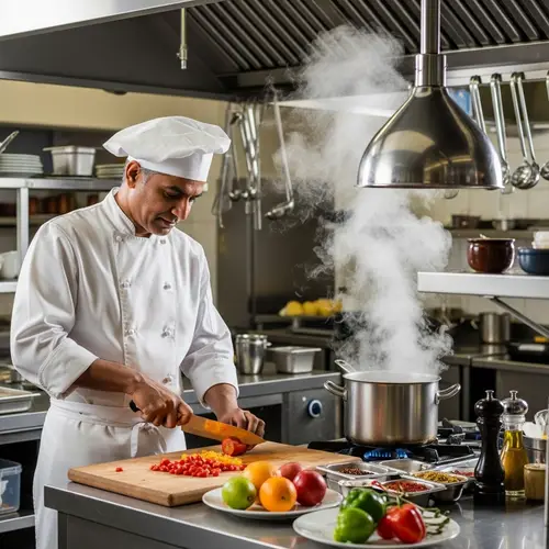 Experienced South Asian Chef Expertly Chopping Fruits and Vegetables