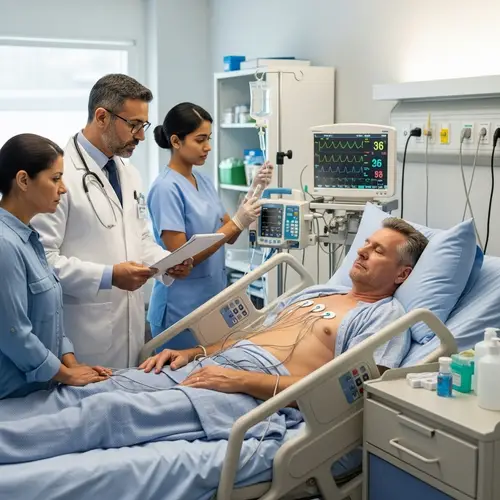 Realistic Photo of Male Patient in Hospital Bed with Doctor, Nurse, and Wife