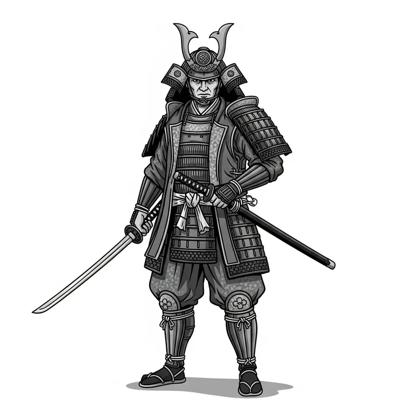 Majestic Samurai Warrior in Traditional Japanese Attire - Black & White