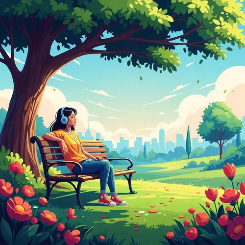 Young Hispanic Girl Enjoying Music in Serene Park