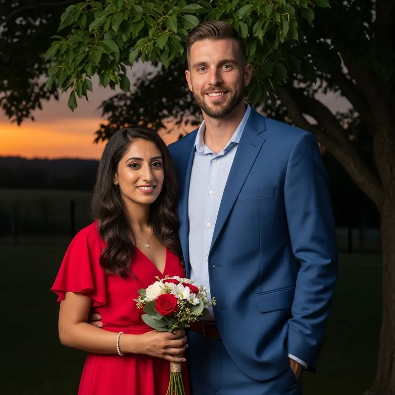 Romantic Couple under Tree at Sunset | Diverse Couple Photo