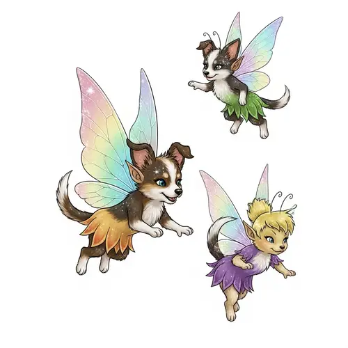 Whimsical Fairy Dog Beings with Rainbow Wings