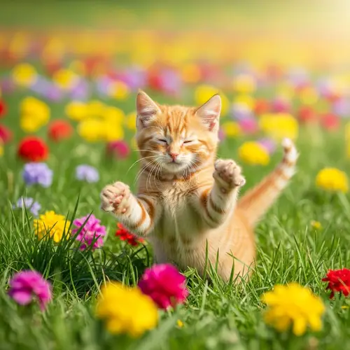 Cheerful Kitten Frolicking on Spring Meadow