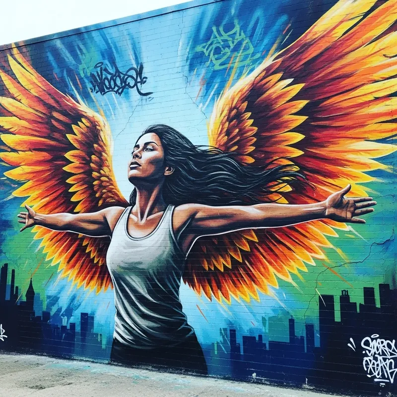 Vibrant Mural of Freedom: Hispanic Woman with Wings Vibrant Mural of Freedom: Hispanic Woman with Wings