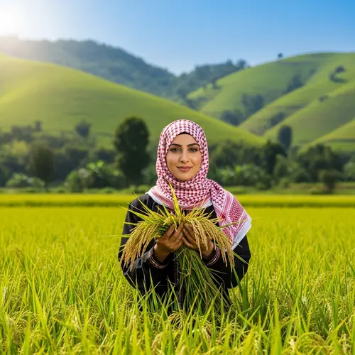 Middle-Eastern Woman in Rice Field Holding Golden Grains