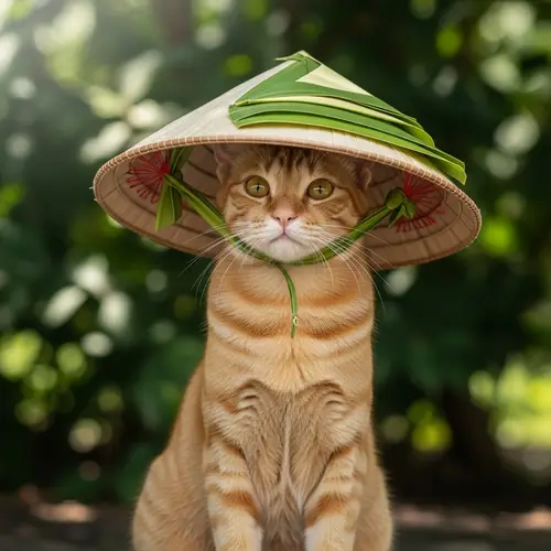 Adorable Cat Wearing Traditional Vietnamese Leaf Hat