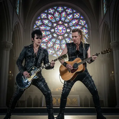 Male Rockstars Playing Guitars in Gothic Church