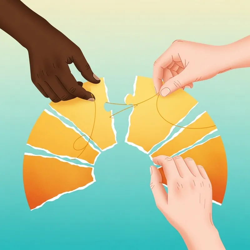 Rebuilding Trust: Abstract Illustration with Diverse Hands & Gold Thread