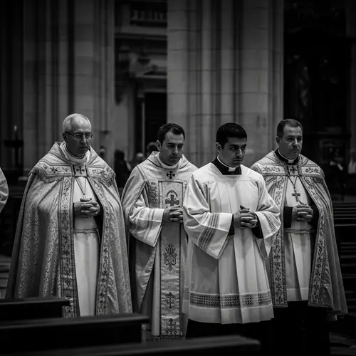 Three Priests in a Vintage Cathedral - Black & White Art