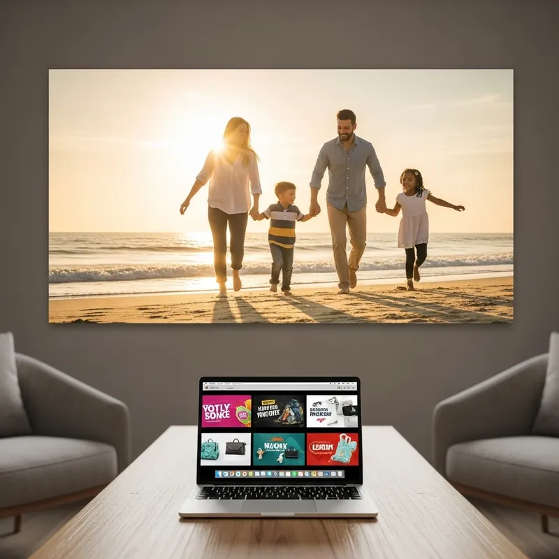 Automatic Retail Ads on Laptop | Indoor Beach Scene