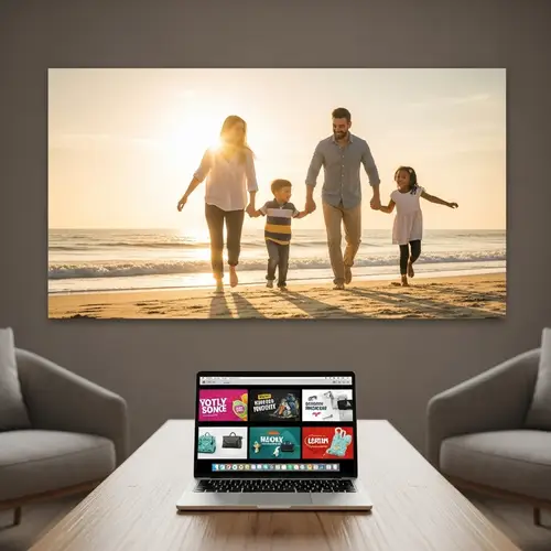 Automatic Retail Ads on Laptop | Family Beach Fun Background