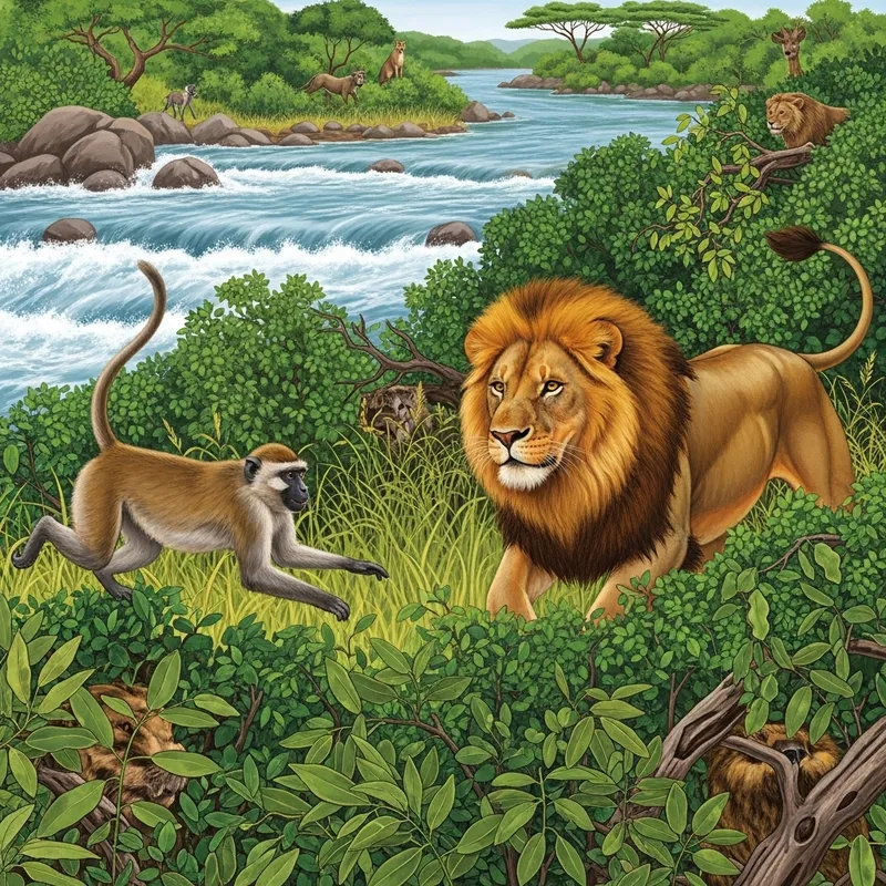 Monkey Chasing Lion Beside River Flooding in Bush