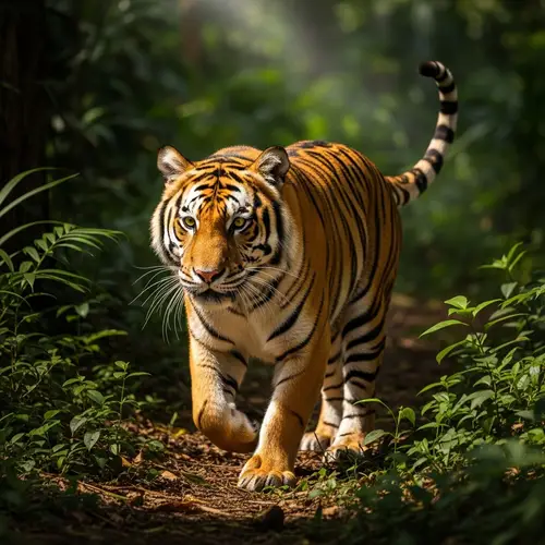 Majestic Tiger Racing Through Exotic Jungle - Untamed Wilderness