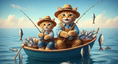 Father and Son Fishing: Realism and Charm in Scottish Cats' Delightful Adventure