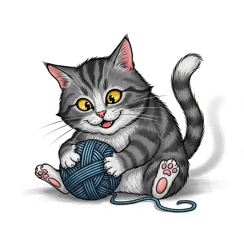 Mischievous Cat Playing with Yarn - Exaggerated and Whimsical Digital Art