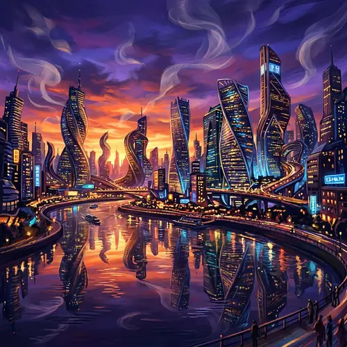 Abstract Cityscape at Dusk: Vibrant Urban Life