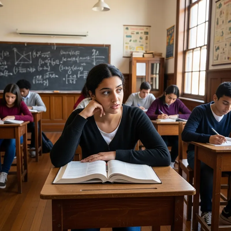 Hesitant Middle-Eastern Female Student in Traditional Classroom Setting