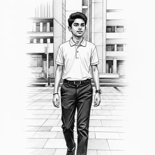 South Asian Teenager Journeying to Office in White Polo and Black Pants Sketch