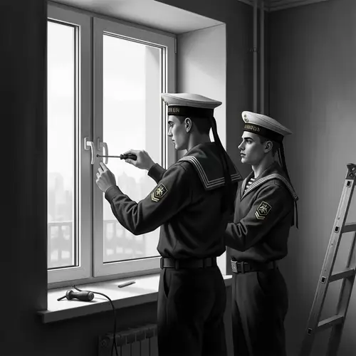 Detailed Black-and-White Digital Painting of Russian Sailors Installing Window