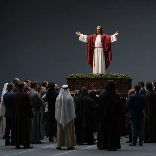 Religious Figure on Raised Platform with Observing Crowd