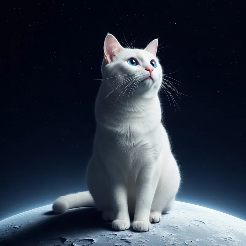 White Cat on the Moon | Tranquil Elegance & Cosmic Wonder