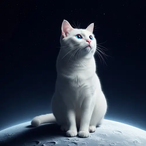 White Cat on Moon | Serene Solitude & Feline Curiosity