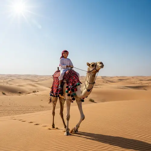 Middle-Eastern Boy Riding Camel in Vast Desert