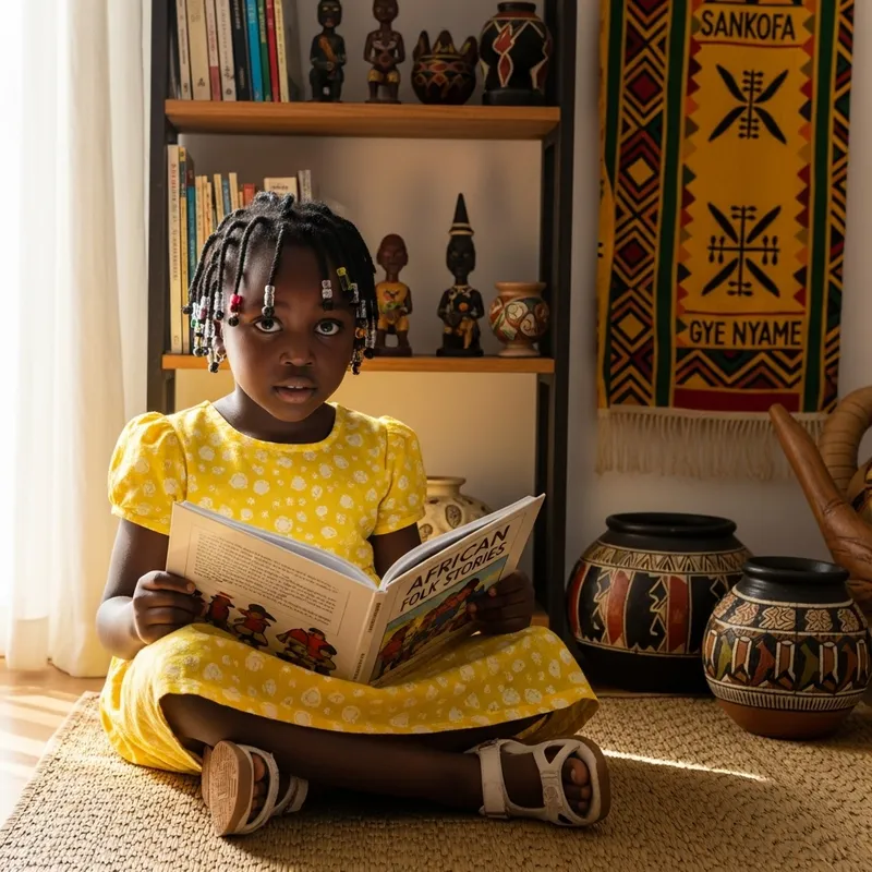 Curious 5-Year-Old African Girl in Modern Attire Exploring Cultural Heritage