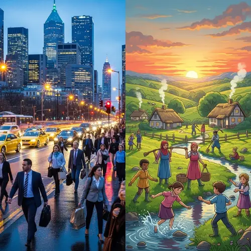 City and Village Life Contrast: Skyscrapers vs Rolling Hills
