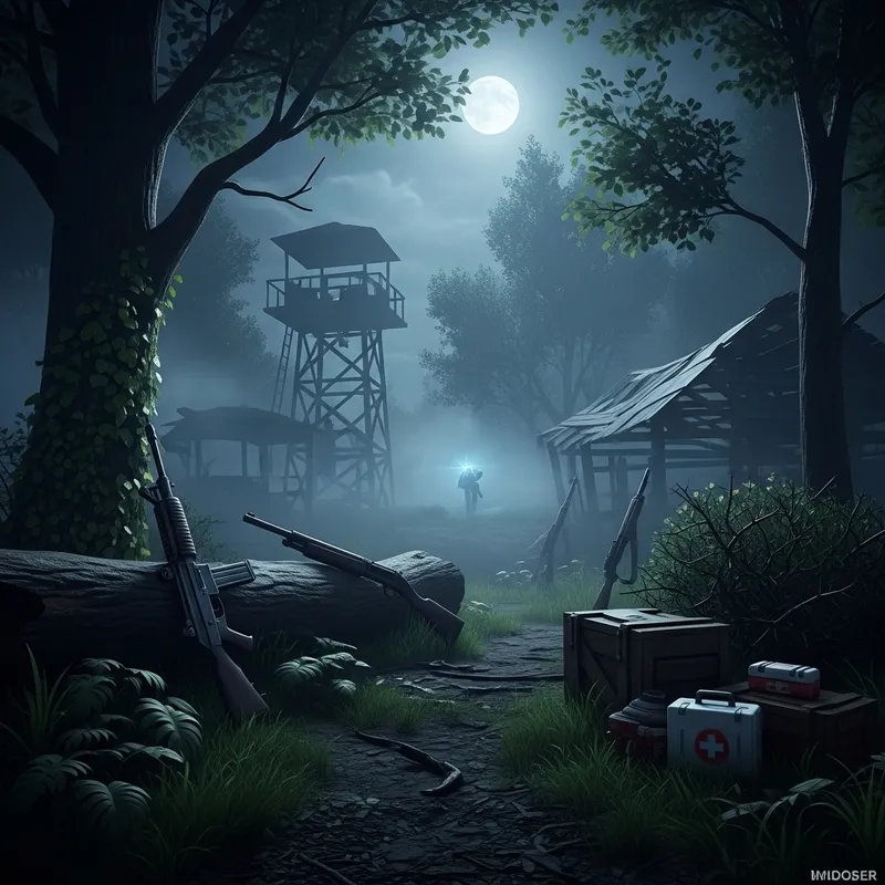 Eerie Free Fire Scene: Misty Forest & Abandoned Structures Eerie Free Fire Scene: Misty Forest & Abandoned Structures