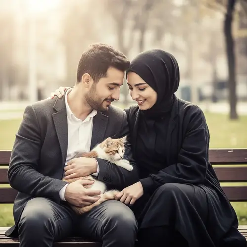Vintage Affection: Turkish Couple with Cat on Park Bench